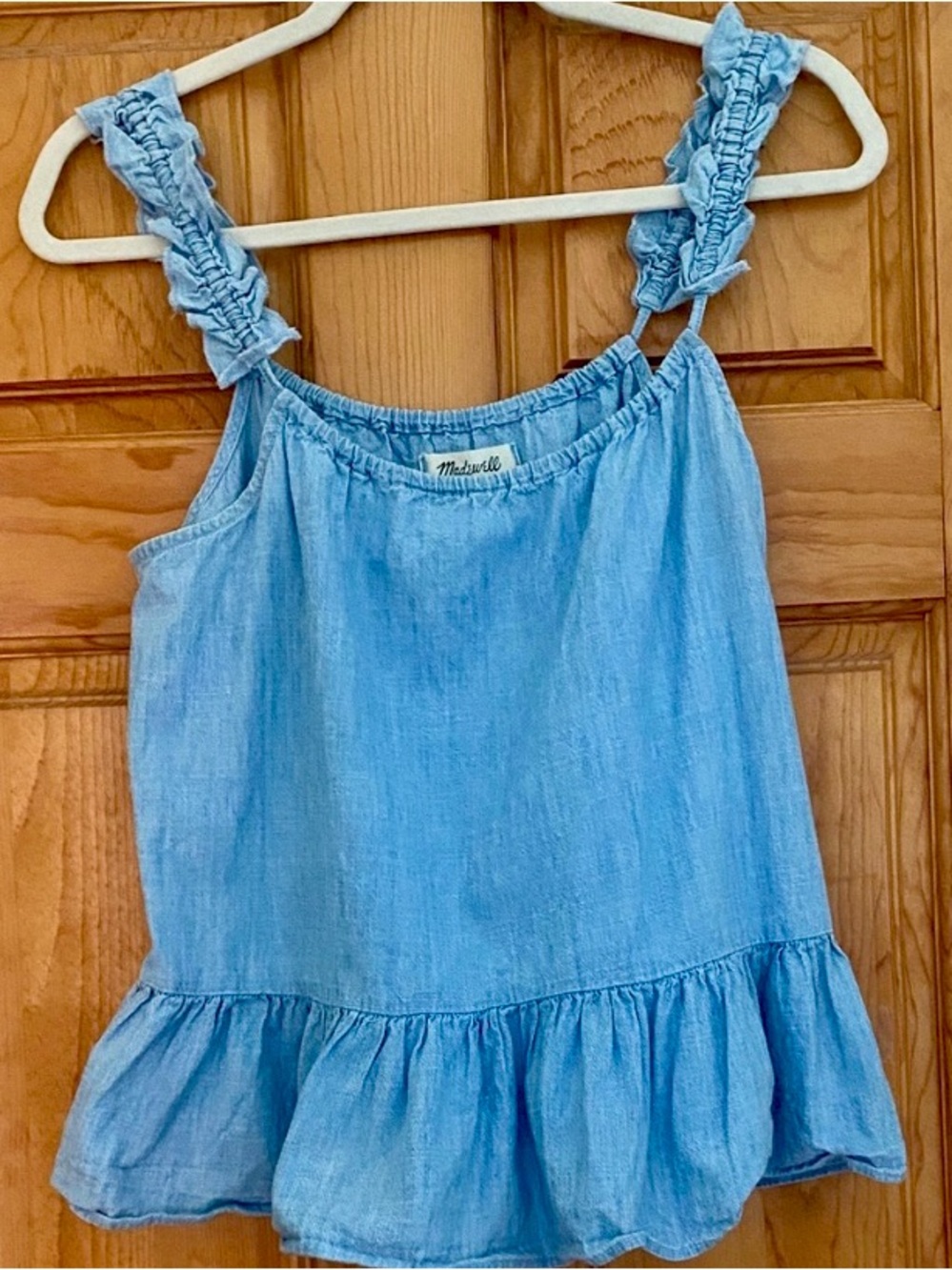 Madewell Light Blue Ruffle Strap Chambray Tank